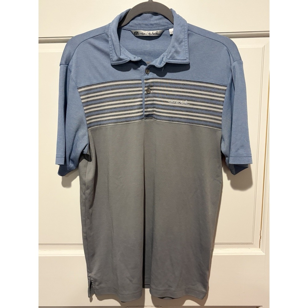 Travis Mathew Polo Shirt Men Medium Blue Striped Chambray Pima Cotton Blend Golf